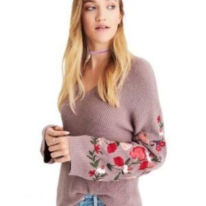 American Eagle Purple Floral Embroidered Bell Sleeve Sweater Size S